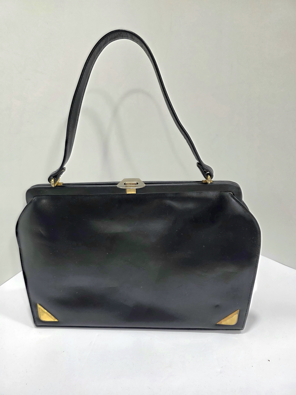 Vintage Structured Black Leather Handbag By Jordan Marsh Made In France